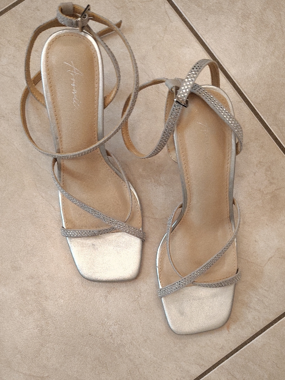 Silver Size 7.5 Strappy Square-Toe Heels